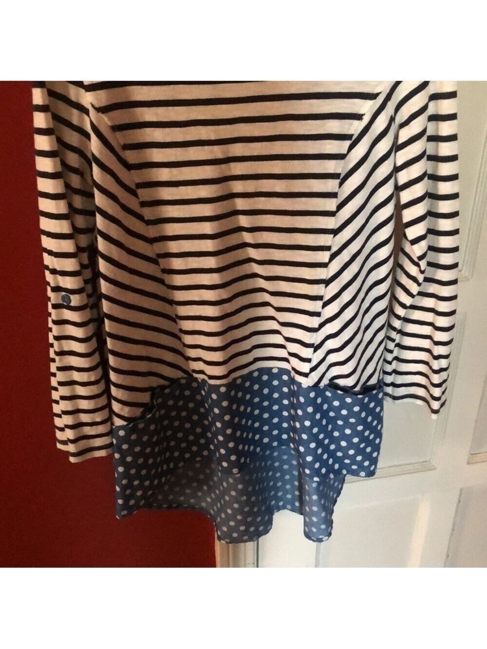 𝅺Anthropologie Postmark Fairley Postage Stamp Roll Tab Striped Polka Dot Shirt - Picture 11 of 12